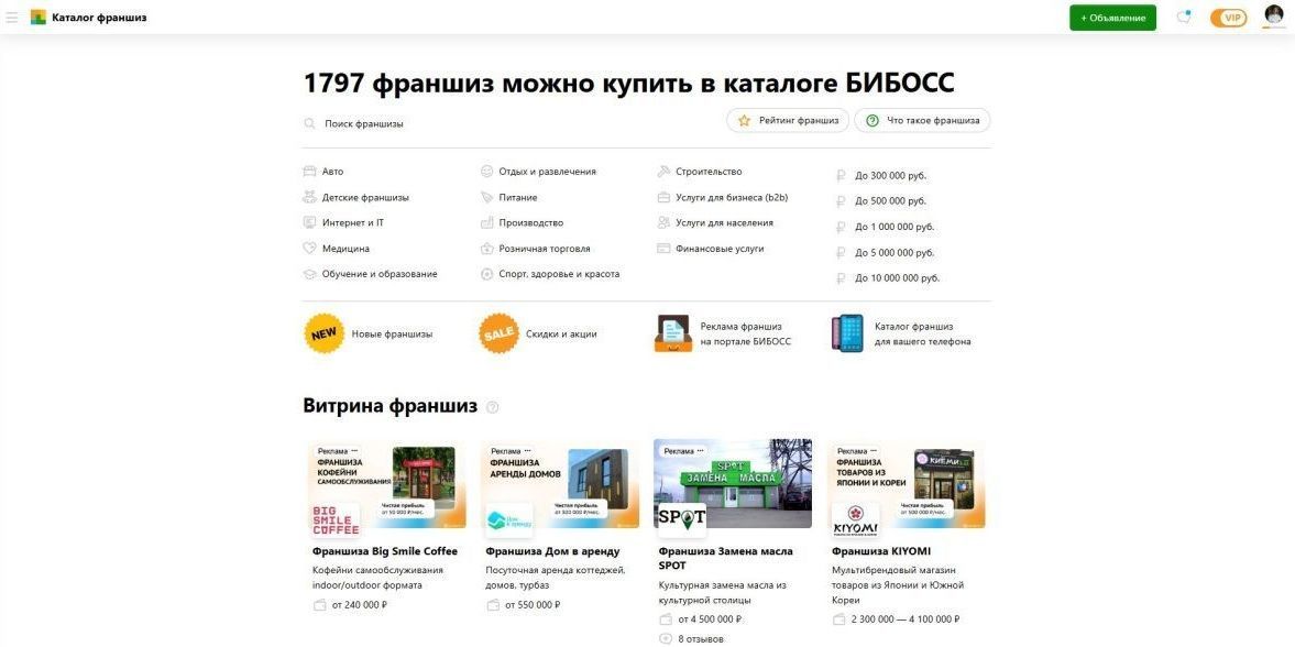 Каталог франшиз БИБОСС, главная страница