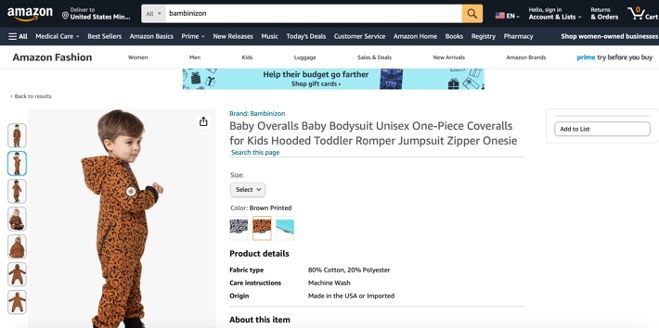 Карточка товара Bambinizon на AMAZON