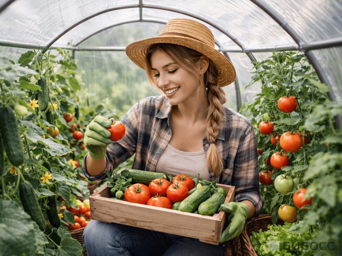 Фермер собирает урожай овощей в теплице