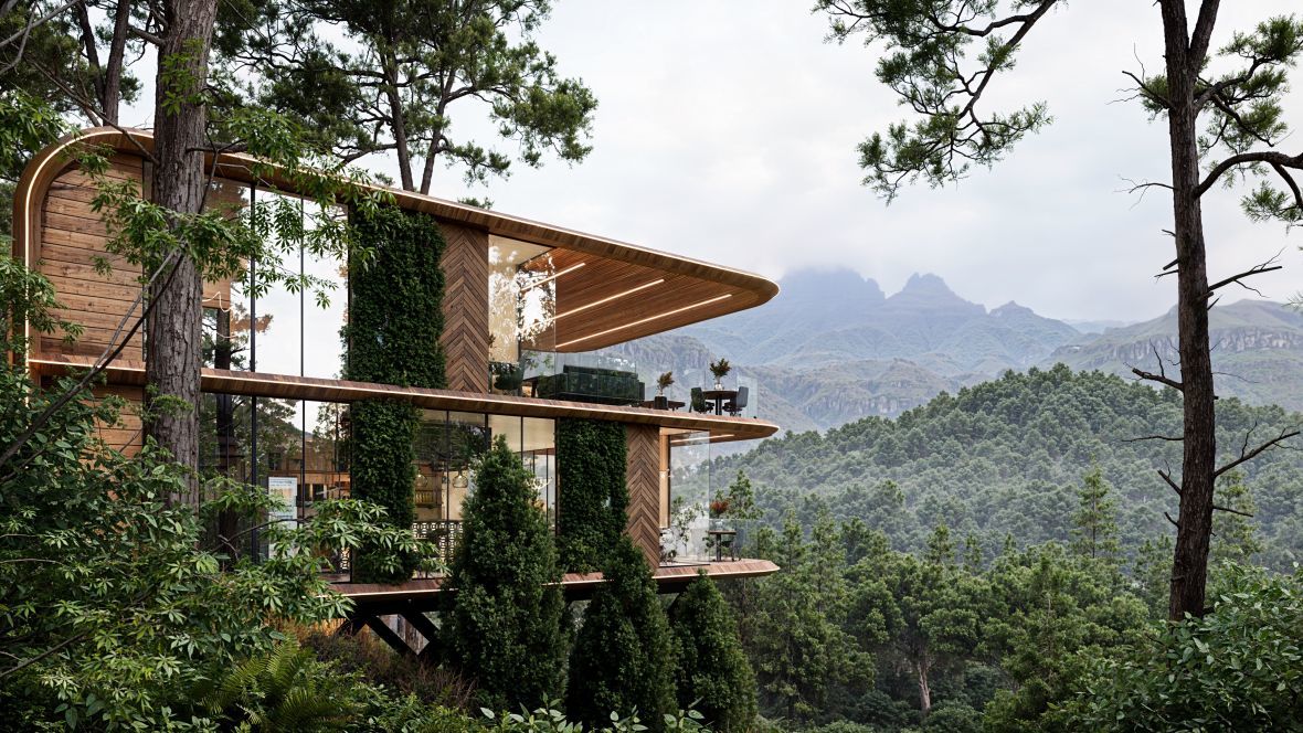 Ресторан бутик-отеля ScapePark Arkhyz с панорамным видом на заснеженные склоны и горную реку