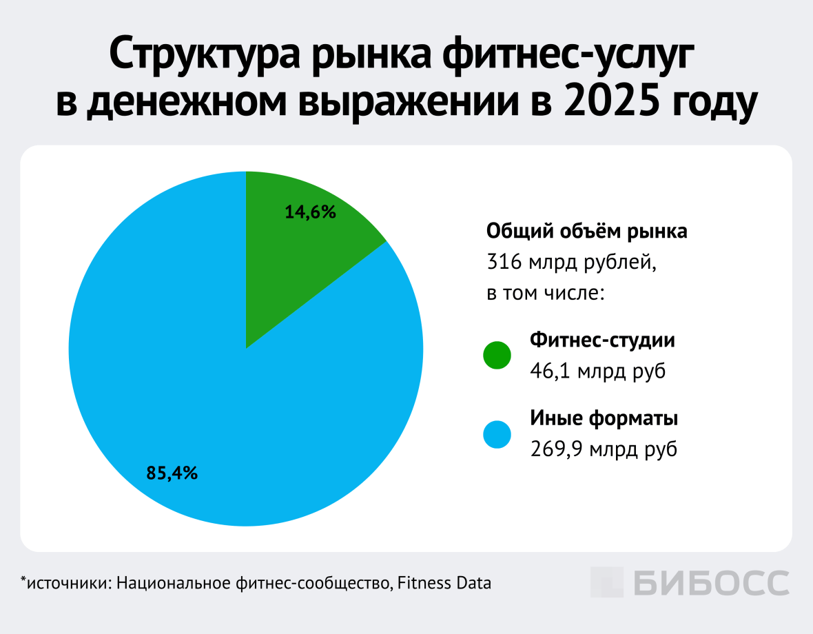 структура рынка фитнес-услуг в денежном выражении в 2025 году