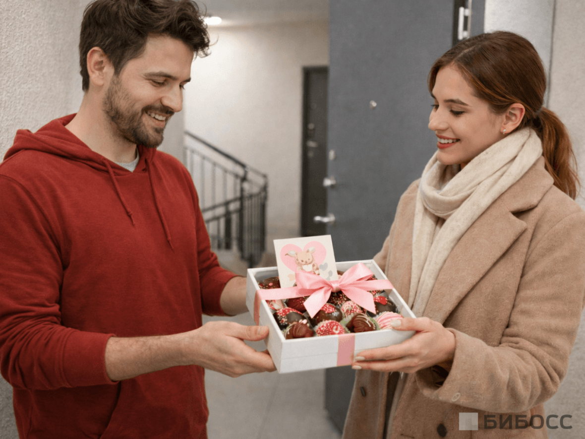 Доставка покупателю красиво упакованной клубники в шоколаде в