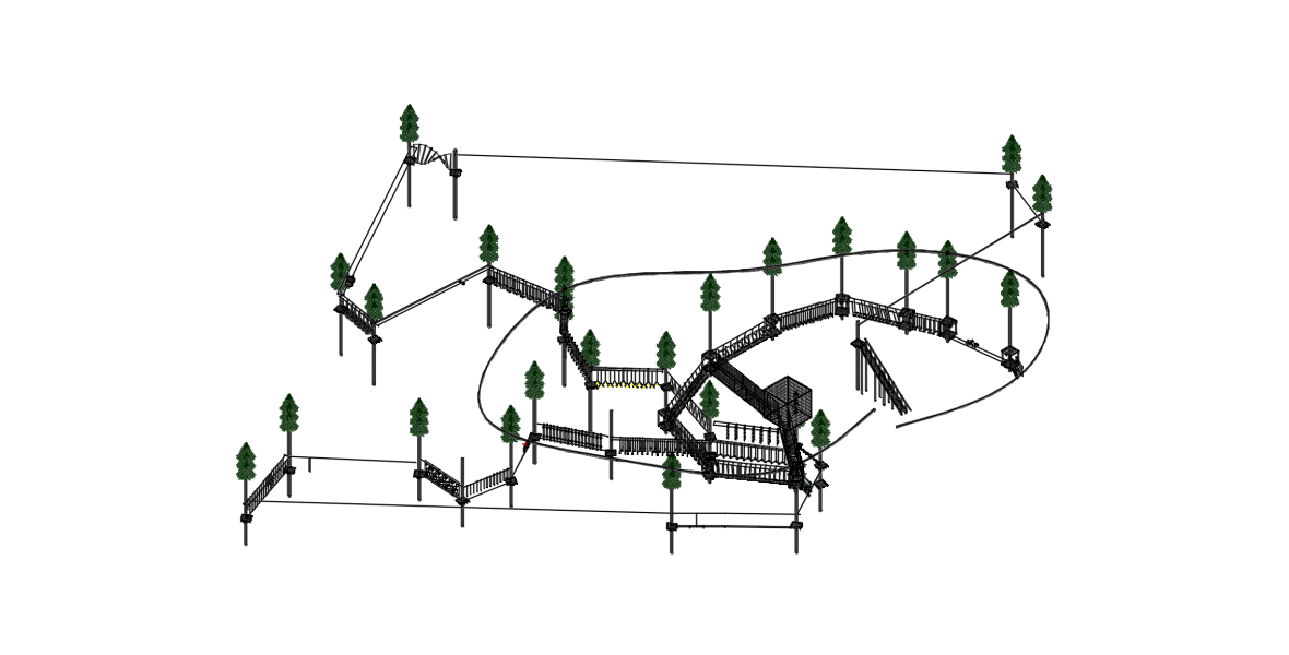 3D модель веревочного парка на деревьях с 3 уровнями сложности.