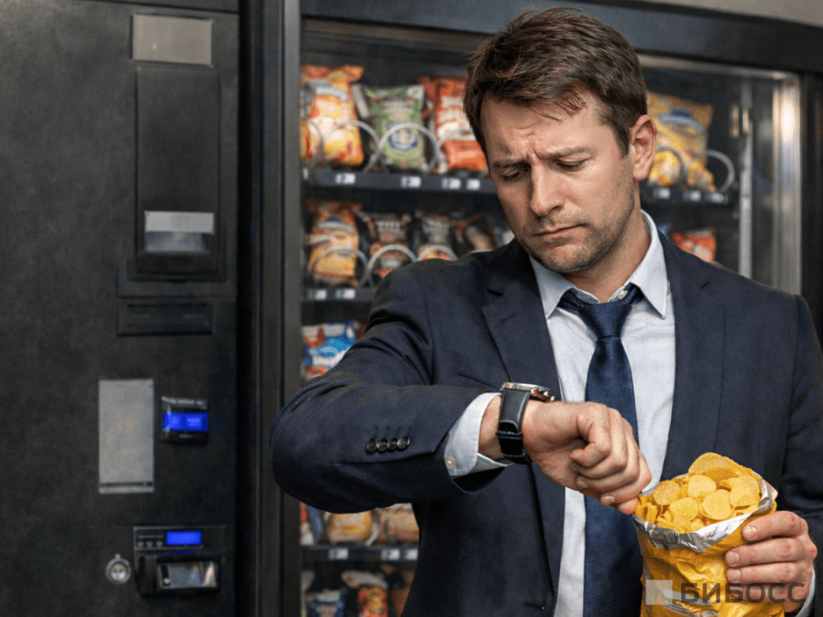 Офисный работник мечтает о правильном питании, но вынужден есть чипсы, так как у него нет времени пойти в ресторан