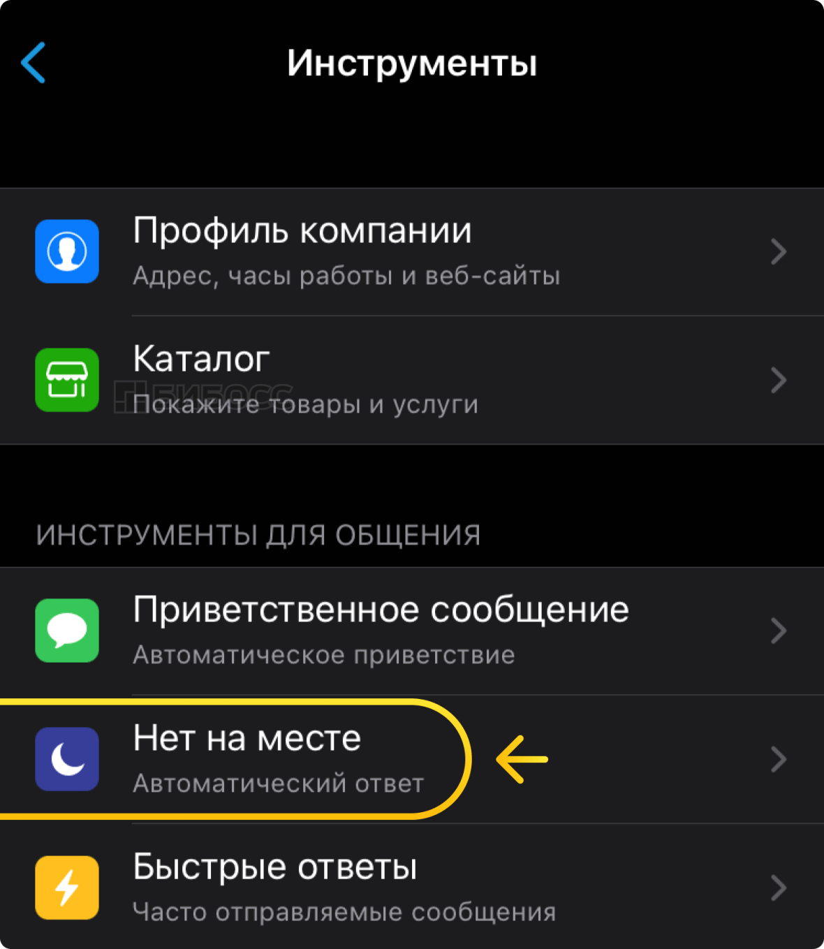 Настройка функции "Нет на месте" в WA Business на iPhone