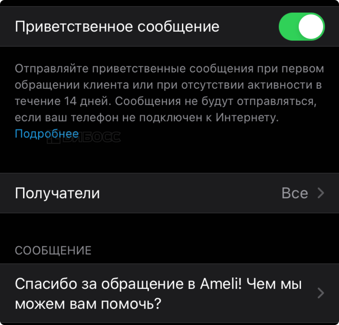 Настройка приветственного сообщения в WA Business на iPhone