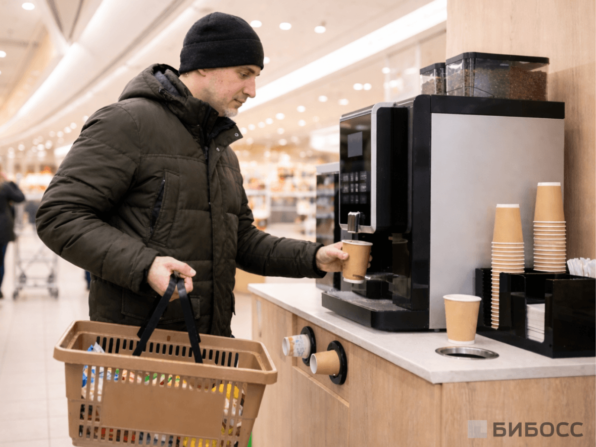 Кофейный автомат самообслуживания в супермаркете