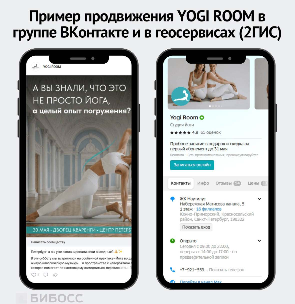 Пример продвижения YOGI ROOM в группе ВКонтакте и в геосервисах (2ГИС)