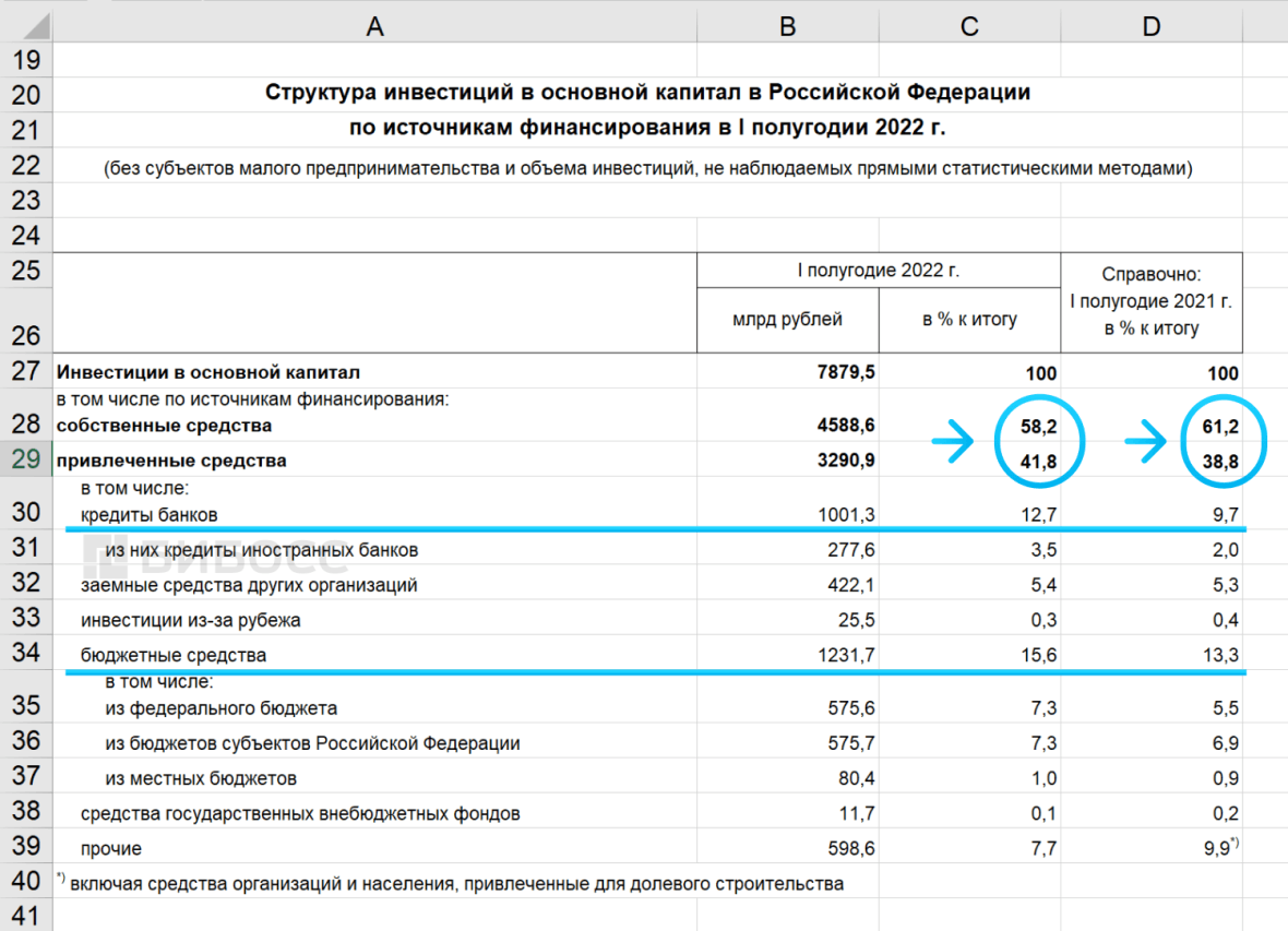 Инвестиции в основной капитал в 2022 году в РФ по источникам финансирования