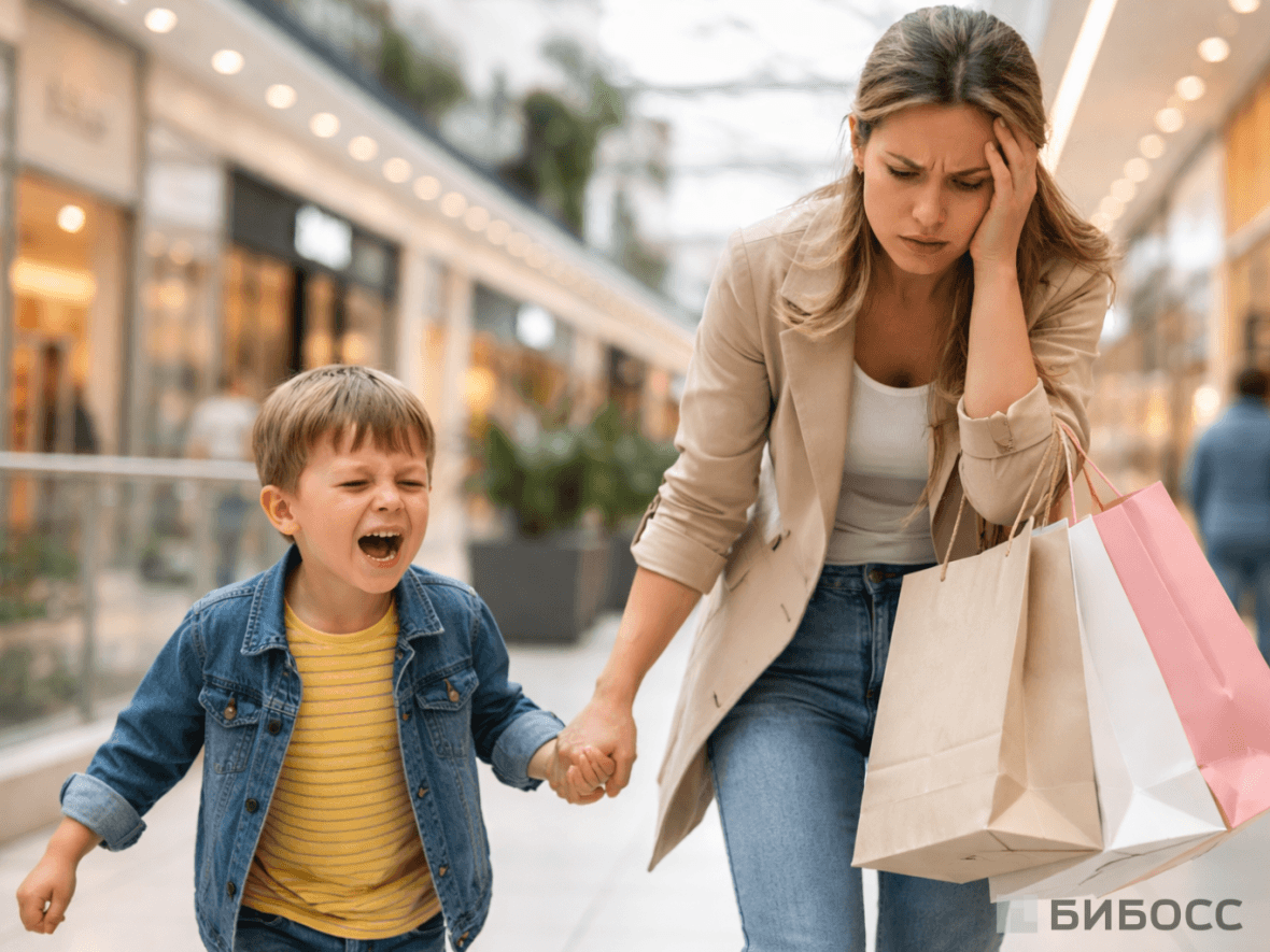 Уставшая мама идёт по торговому центру с ребёнком, который плачет