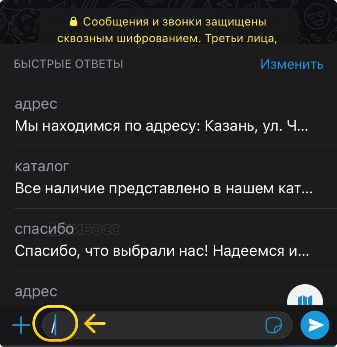 Список быстрых ответов в WA Business на iPhone
