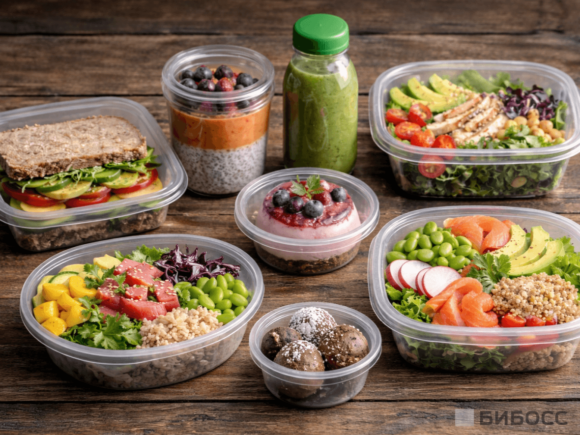 Разнообразная здоровая еда расфасованная по контейнерам