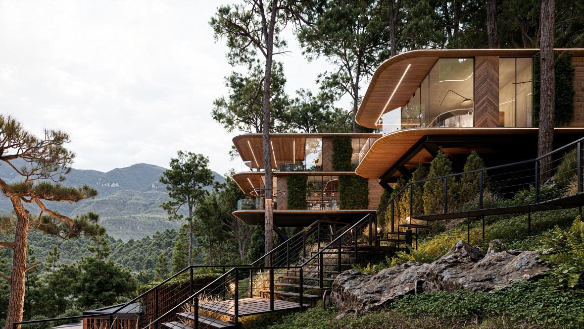 Зона ресепшена и ресторан в бутик-отеле ScapePark Arkhyz