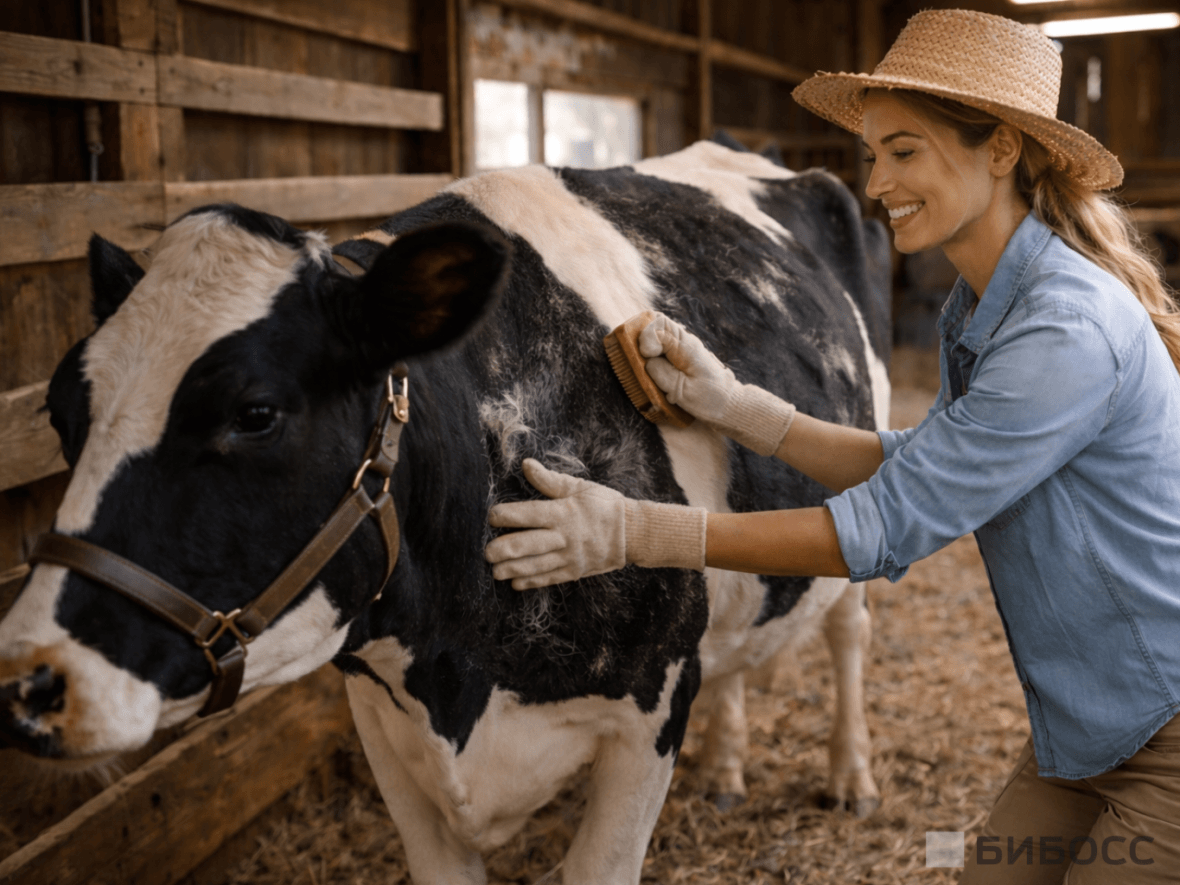 Фермер ухаживает за коровой в утеплённом сарае