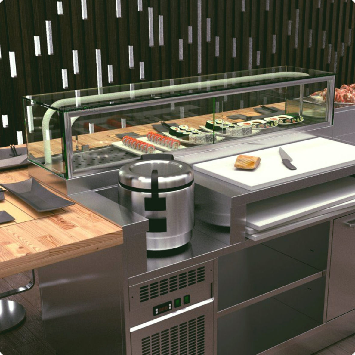 Фрагмент кухни суши-бара с оборудованием