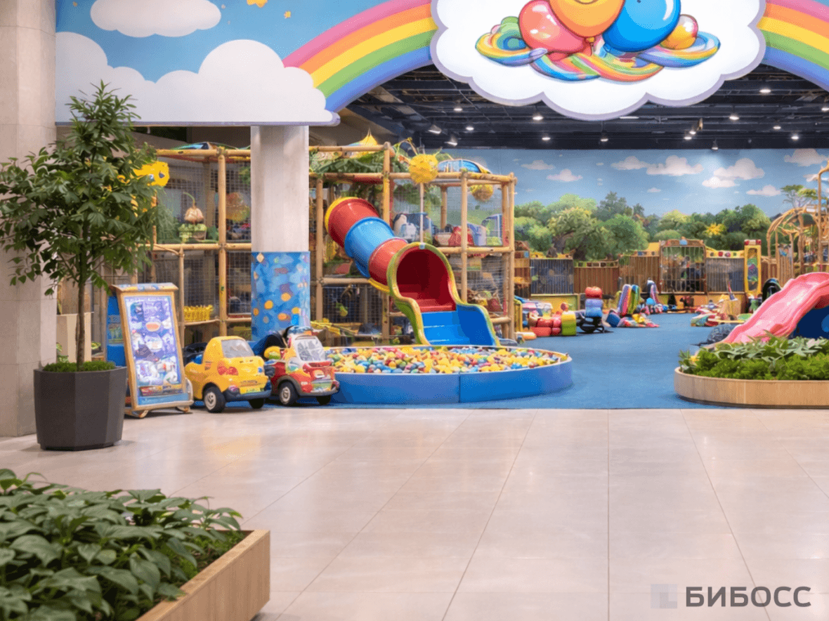 Детская развлекательная зона в торговом центре, вид со стороны главного холла
