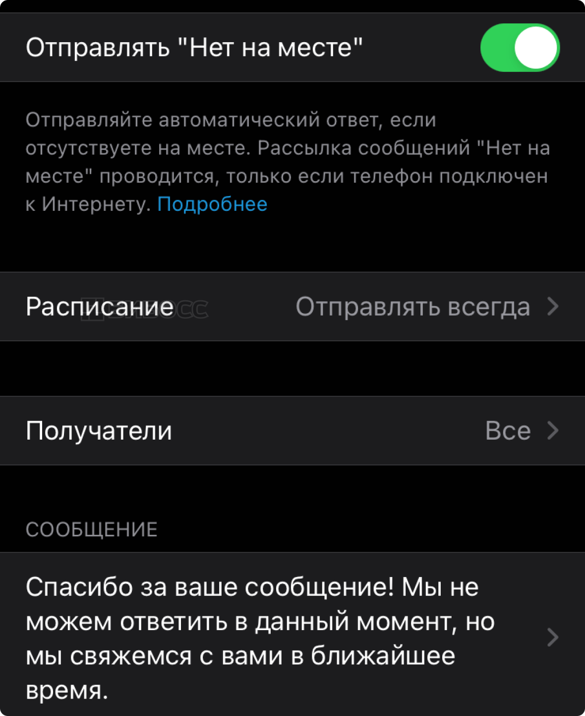 Расписание функции "Нет на месте" в WA Business на iPhone